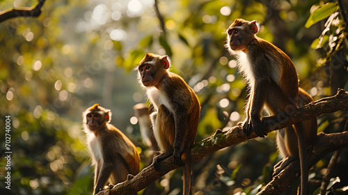 A lively scene featuring a troop of monkeys engaged in playful antics among the treetops  capturing the dynamic and social nature of jungle-dwelling primates.