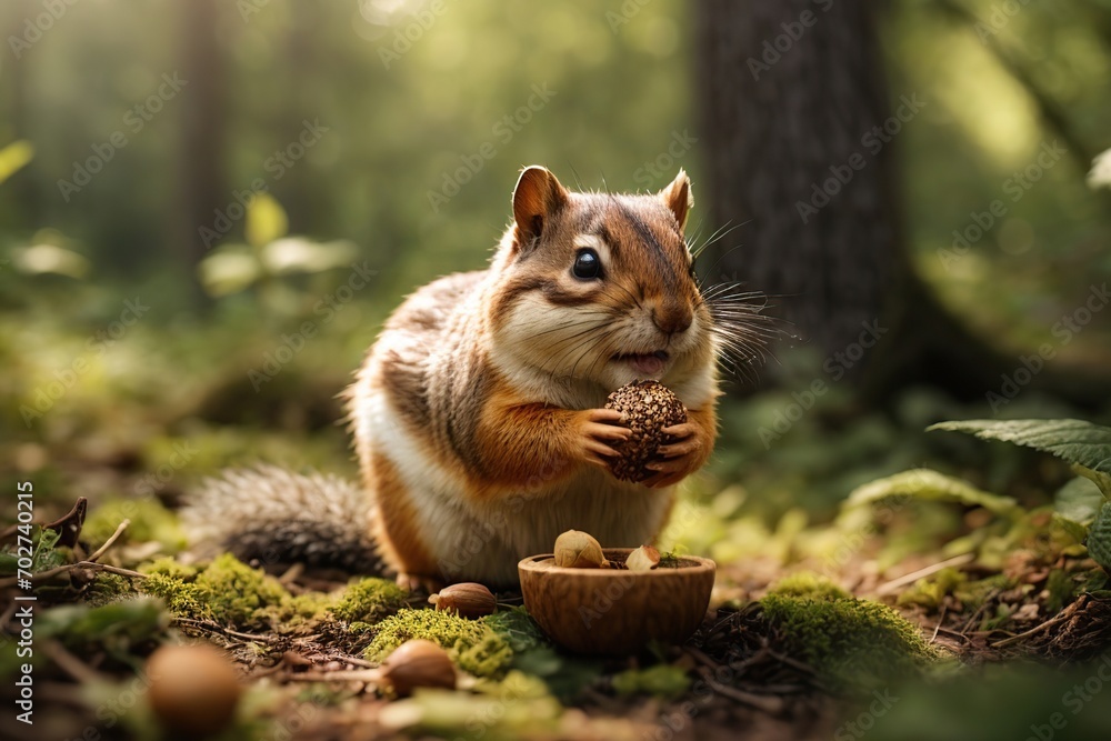 Fototapeta premium A chipmunk eats nuts in the forest