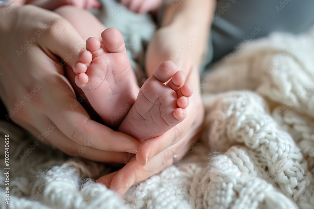 Close up of small feet of a newborn supported by the hand of her mother, parenting and child care concept Close up of small feet of a newborn supported by the hand of her mother, parenting and child care concept