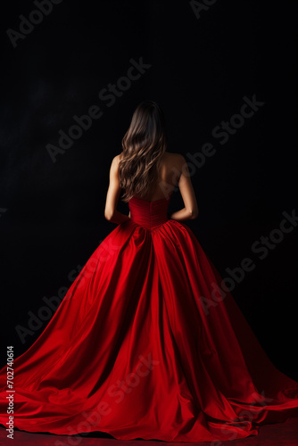 Woman in full-length red dress, back view. Black background, dark room. Elegant brunette at a party.