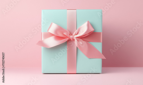 Turquoise gift box with pink ribbon isolated on pink background, pastel colors. © Екатерина Ракунова