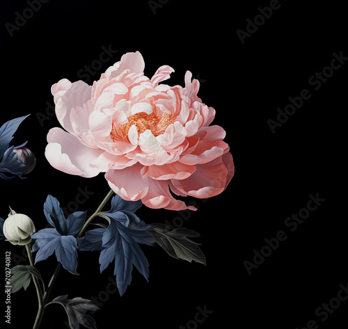 Luxurious vintage floral peonies, peony flower with botanical in digital painting or etching holotone printing color style.beautiful illustration flower blooming in dark background