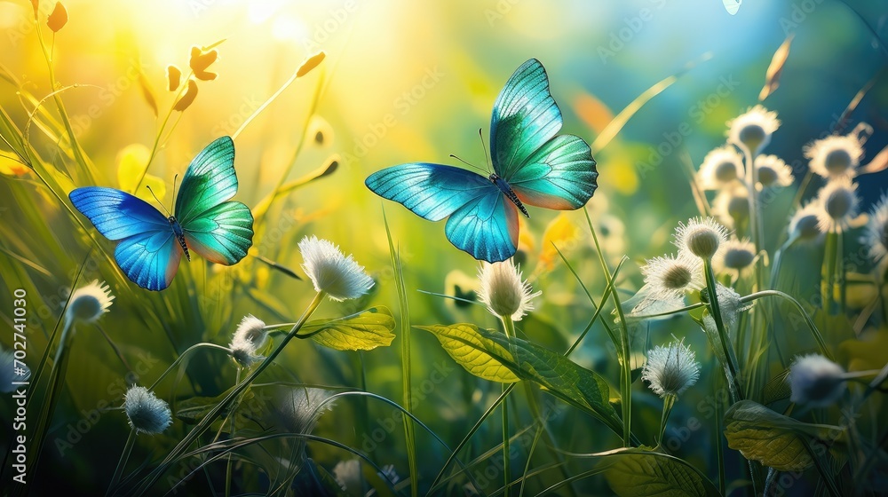 Serene Blue Butterflies Dancing in Sun-Kissed Meadows - Nature's Delight. Generative AI - obrazy, fototapety, plakaty 