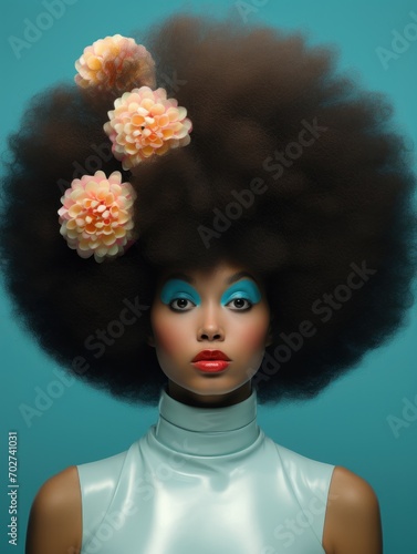 hyperrealistic portrait of a woman with a huge afro, in the style of hip-hop culture exploration. photo