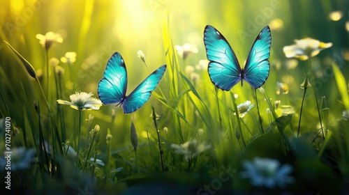 Serene Blue Butterflies Dancing in Sun-Kissed Meadows - Nature's Delight. Generative AI © Gelpi