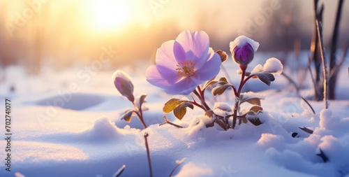 Solitary Purple Flower Braving the Snow at Sunset - A Testament to Resilience. Generative AI