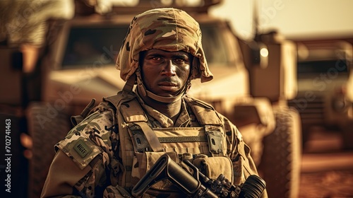 Black african military soldier with camouflage uniform and equipment.