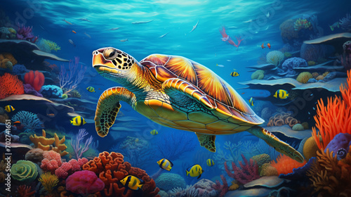 Turtle With Colorful Fish and Coral in Underwater
