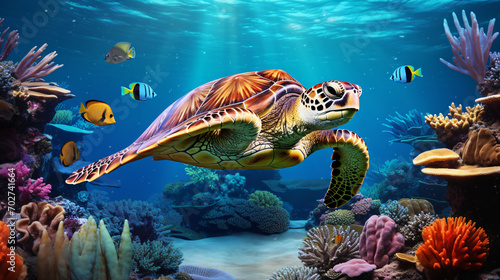 Turtle With Colorful Fish and Coral in Underwater