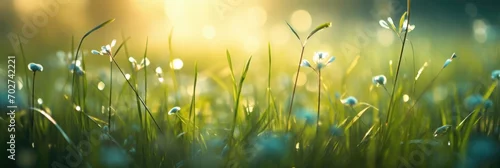 Obraz  z motywem Beauty backgrounds with foliage, green grass, dew drops and bokeh, banner with copy space