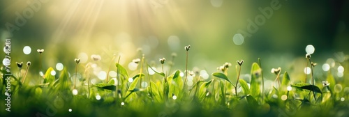 Beauty backgrounds with foliage, green grass, dew drops and bokeh, banner with copy space photo