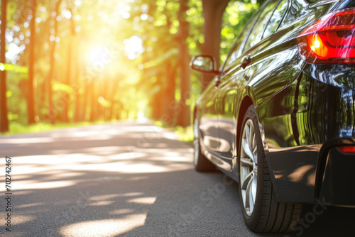 A black car parked on the side of a road surrounded by lush green trees. The sun is shining brightly and illuminating the scene