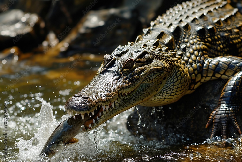 Obraz premium Crocodile in action catching the fish.