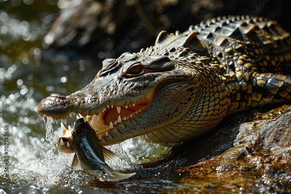 Fototapeta premium Crocodile in action catching the fish.