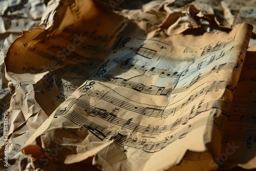 Crumpled sheet music on crumpled vintage paper.