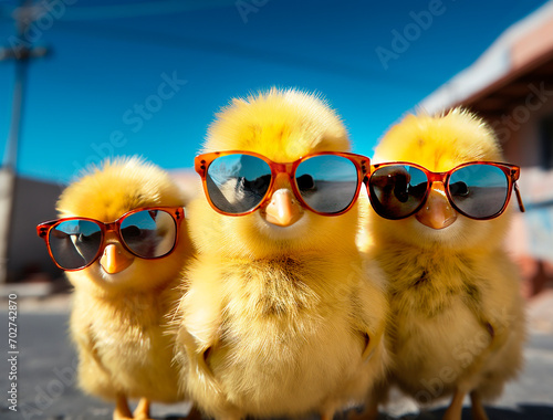 Group of colored chickens with sunglasses on black background. Collage. Crazy chick cool. photo