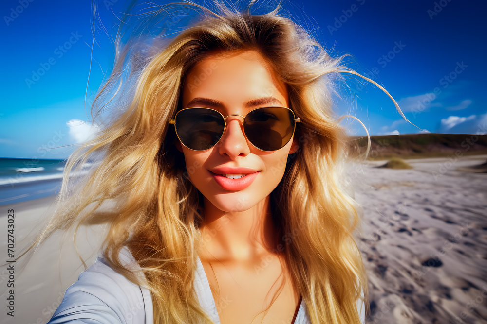 Femme blonde sur la plage avec des lunette de soleil prenant un selfie