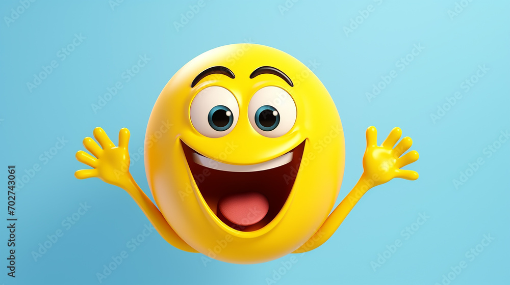 Funny Happy Emoticon Face Raising Hands 3d Rendering emoji on blue background