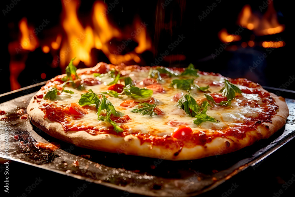 Freshly cooked Italian Pizza with mozzarella, tomatoes and basil on the fire.