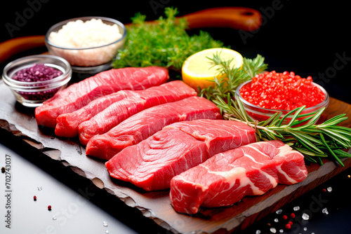 Pieces of raw fresh beef meat with spices and vegetables on a stone board. Raw meat for cooking.