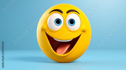 Happy Funny Emoticon Character Face Expression on blue background. 3d Render emoticon illustration