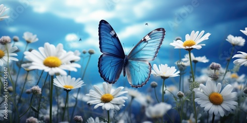 blossoming sakura. branch of blossoming sakura and bright blue morpho butterfly against blue sky. copy space photo