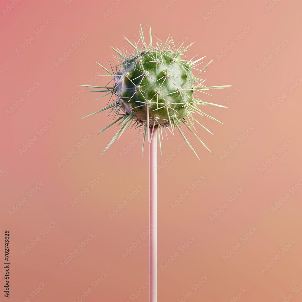 Green candy popsicle with cactus spines on pastel background. Minimal food concept.