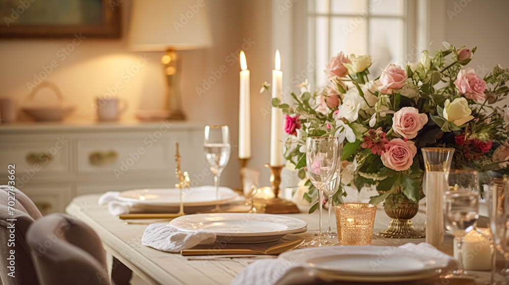Holiday celebration table decor, festive tablescape in dining room, candles and flowers decoration for formal family dinner in the English country house, countryside interior design Holiday celebration table decor, festive tablescape in dining room, candles and flowers decoration for formal family dinner in the English country house, countryside interior design