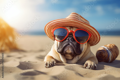 Cute pug dog with sunglasses and hat taking pictures on the beach