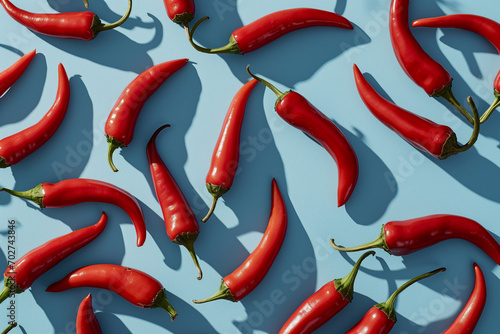 Pattern with red hot chili peppers on vibrant blue background. Creative food concept. Minimal dish, spicy spices for cooking, cayenne pepper idea. Fashion minimal art. Flat lay. photo