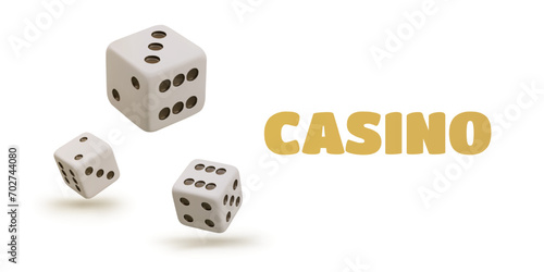 Realistic dice in flight. Online casino concept. Advertising mockup on white background with space for text. Symbol of fortune, random winnings. Good luck