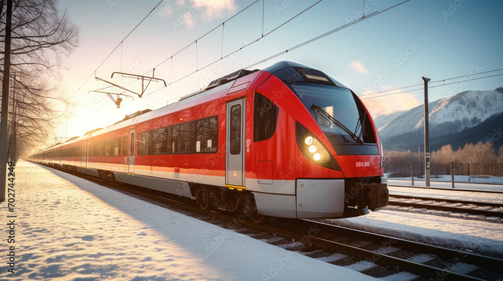 Naklejka premium incoming suburban train in misty winter sunset