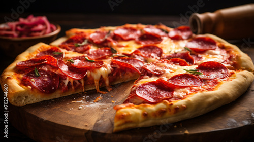 A slice of fresh Italian classic pizza with salami photo