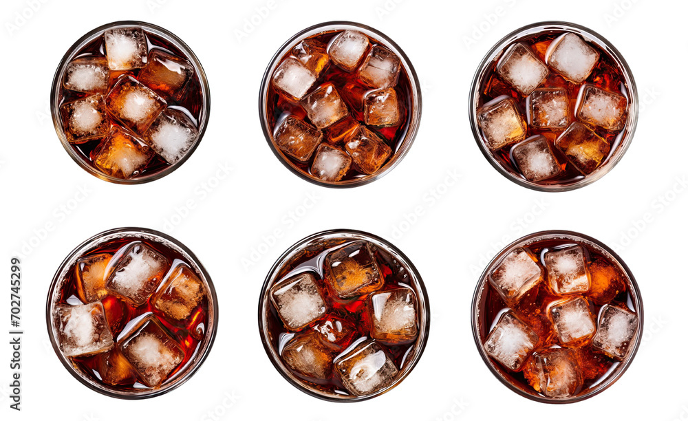 Collection of PNG. Coke in glass, top view or high angle shot Coca Cola with ice and drinking, isolated on a transparent background. - obrazy, fototapety, plakaty 