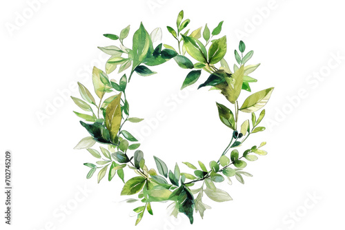watercolor painting of a circular wreath made of green leaves