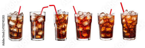 Collection of PNG. Coke in glass, front view or high angle shot Coca Cola with ice and drinking, isolated on a transparent background.