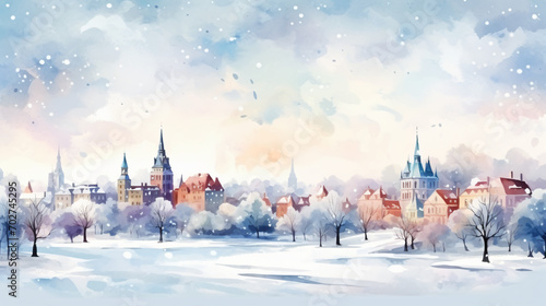 Watercolor winter town background landscape