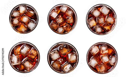 Collection of PNG. Coke in glass, top view or high angle shot Coca Cola with ice and drinking, isolated on a transparent background.