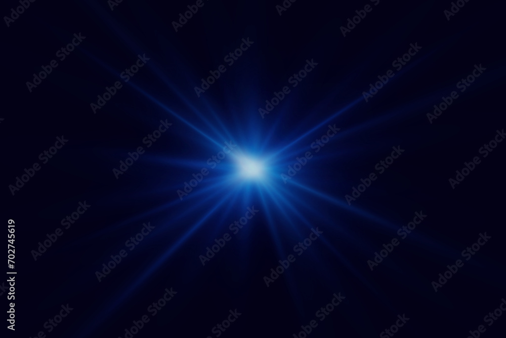 Blue glitter light effect. Light beam of explosion with glare of light.