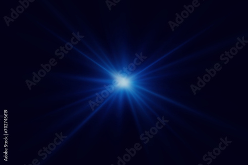 Blue glitter light effect. Light beam of explosion with glare of light.
