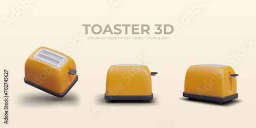 Realistic yellow toaster for preparing bread in different positions. Making toast appliance composition. Vector illustration in 3d style with yellow background and place for text