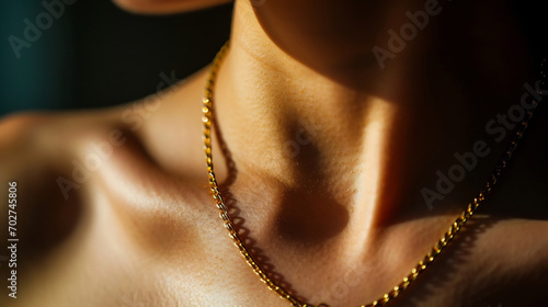 Cropped view of fashionable woman in evening dress and with golden necklaces