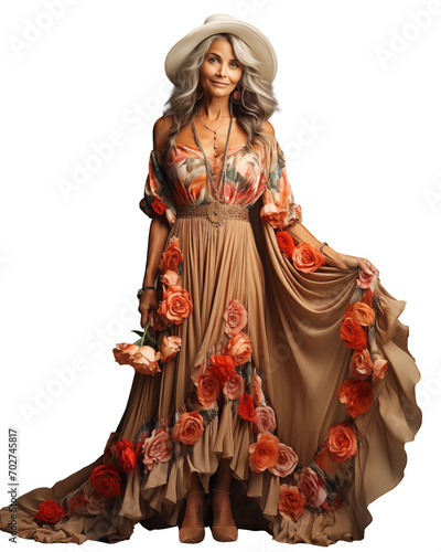 Smiling confident adult 50 years old female crossed looking at camera Portrait of sophisticated grey hair woman advertising products and services. In an elegant dress, fashion