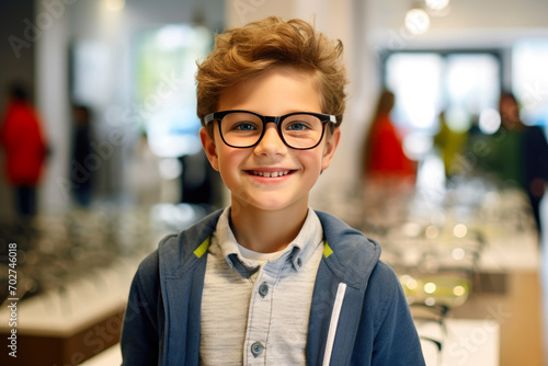 Portrait of Grinning Child, 9, in T-Shirt and Glasses at Optometry Shop