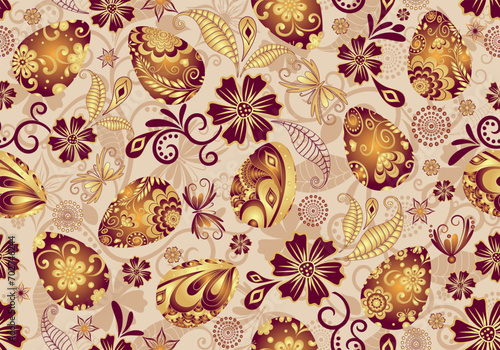 Vector seamless floral Easter pattern with hand painted eggs and gold vintage swirls, flowers and butterflies