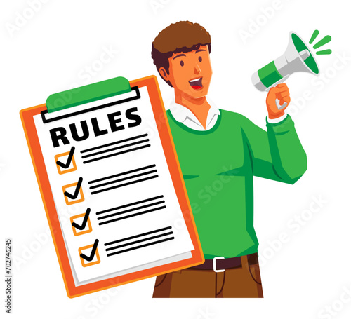 A Man holding clipboard with checklist and megaphone