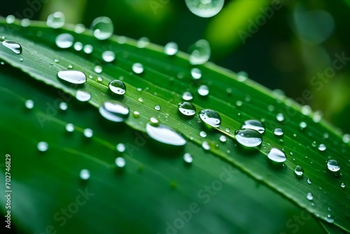Captivate the essence of a refreshing rain shower with high-definition photography of transparent raindrops adorning a lush green leaf, HD.