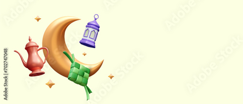 Composition with different elements for Ramadan celebration. Golden moon, kettle, purple lantern, and ketupat. Muslim concept. Vector illustration in 3d style with yellow background