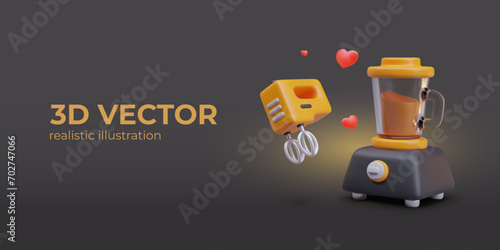 Placard with different home appliance for cooking food. Realistic yellow mixer and electric blender with drink inside. Vector illustration in 3d style with black background and place for text
