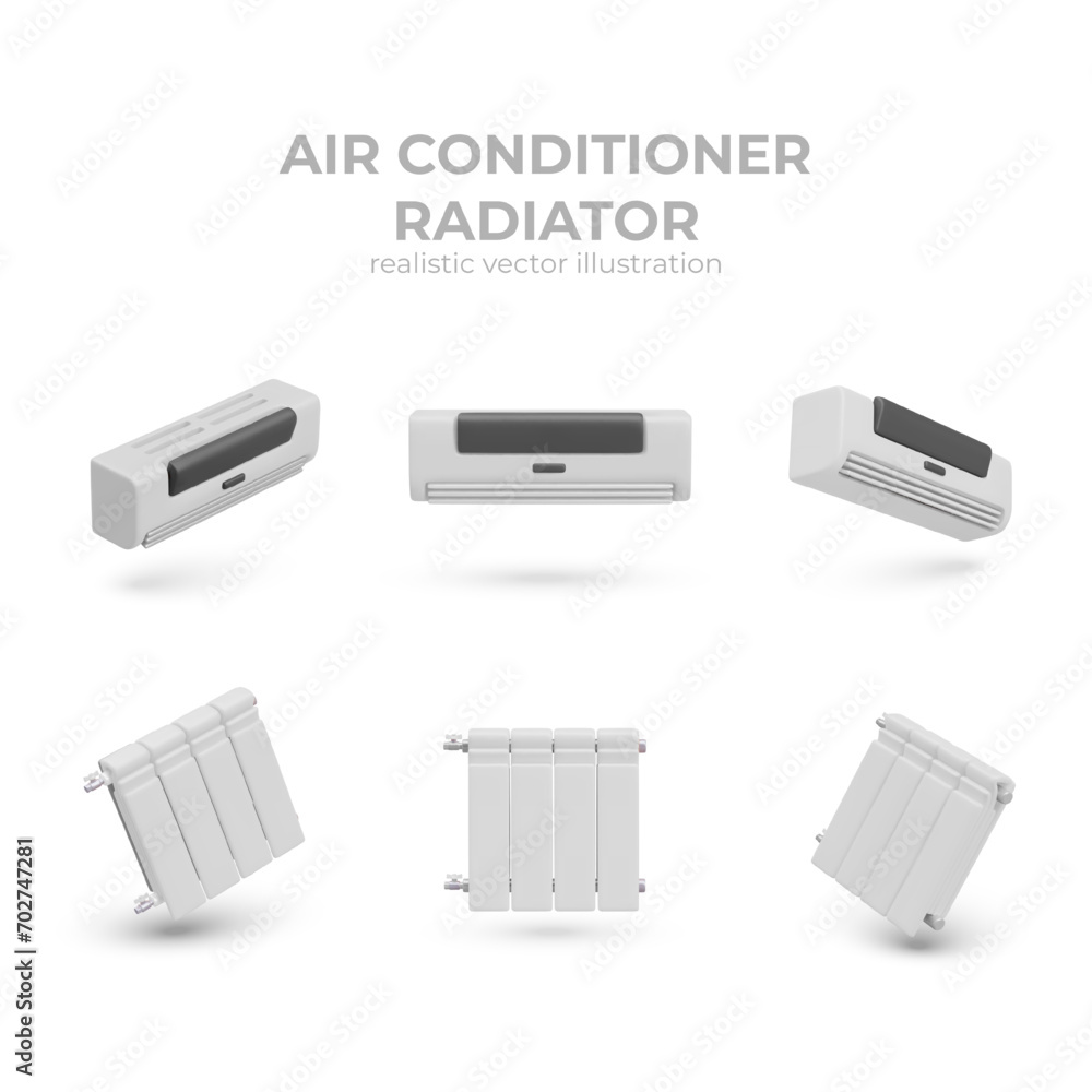 Poster with realistic air conditioner, radiator. Climate devices for home concept. Battery heater in different positions. Vector illustration in 3d style